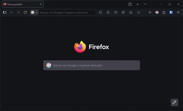 Firefox new tab with a dark interface and a search box.