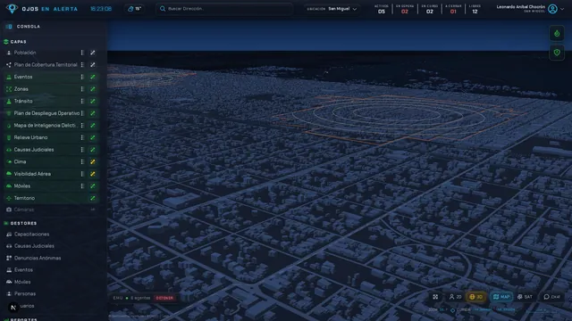 Perspective view of a city with 3D buildings and activity rings.