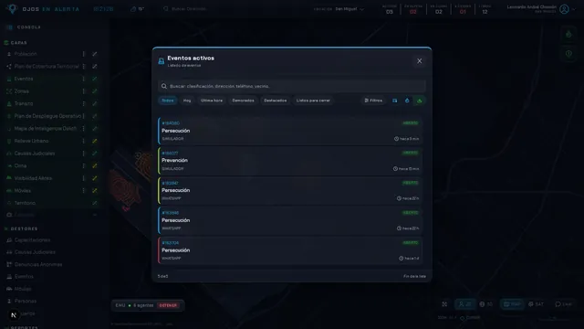 Window listing active events over the map.