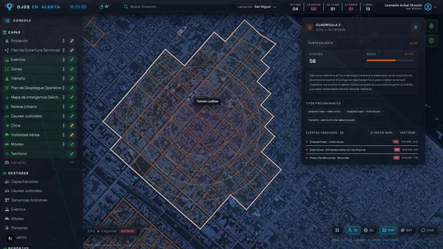 Zoomed map with a highlighted grid cell and a panel showing a 61 out of 100 score and 58 events.
