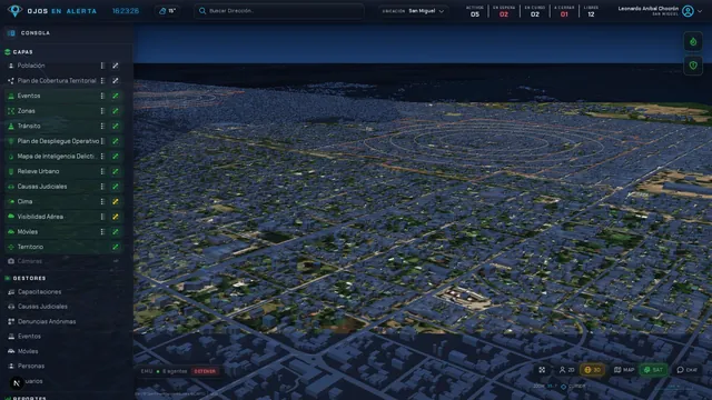 Perspective satellite view of the city on a dark background.
