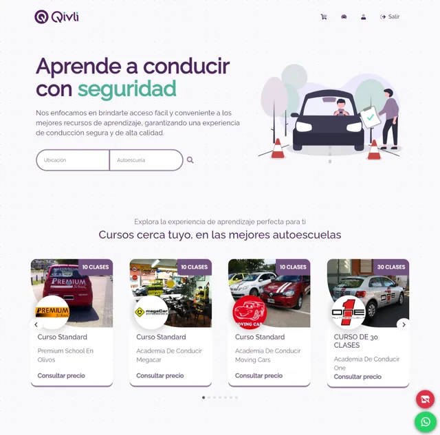 Página de inicio con un buscador de autoescuelas y una lista de cursos.
