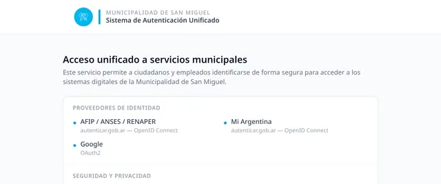Pantalla del sistema de autenticación unificado con los proveedores de identidad disponibles.