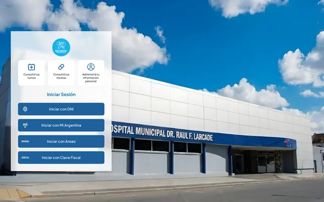 Pantalla de entrada del portal paciente frente a un hospital.