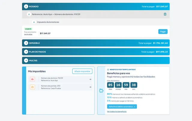 Panel del portal de pagos con secciones desplegables de rodado, inmueble, plan de pagos y multas, la lista de imponibles y un cuadro de beneficios por débito automático.