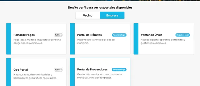 Tarjetas de portales: pagos, trámites, ventanilla única, geoportal y proveedores.