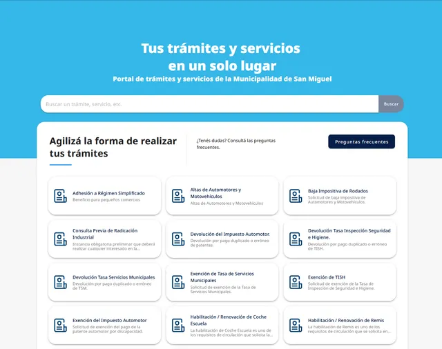 Portal de trámites con el título «Tus trámites y servicios en un solo lugar», un buscador y tarjetas de trámites como exenciones y devoluciones.