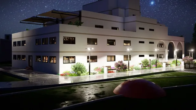 Night render of a lit white building with greenery.