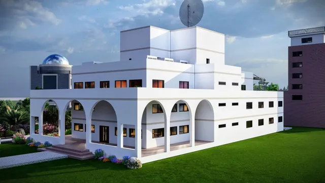 Daytime render of a white building with an arcade and a dome.