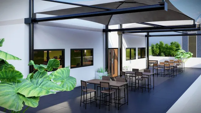Render of a terrace with tables, a pergola and plants.