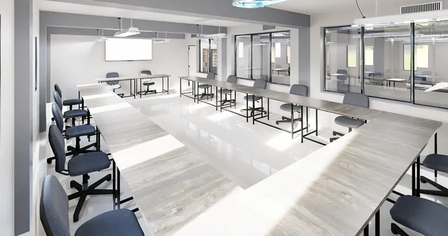 Interior render of a room with long tables and glass partitions.